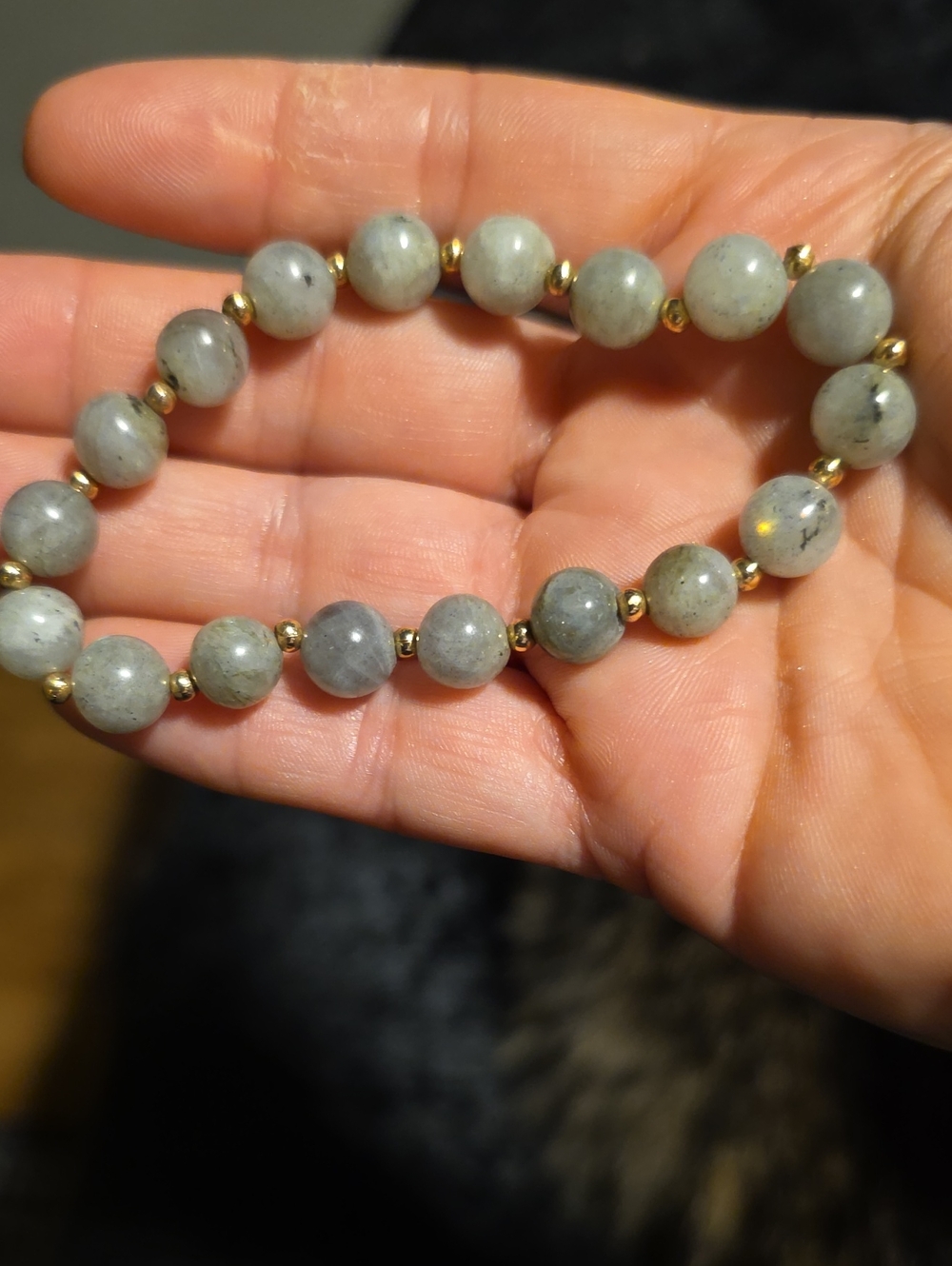 Labradorite Bead Stretch Bracelet with Gold Accent Beads - Gray